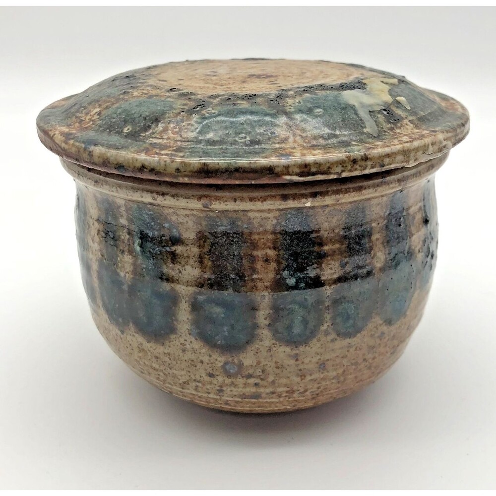Art Pottery Lidded Jar Signed Stoneware Canister Crock Blue Brown Earthy 4"